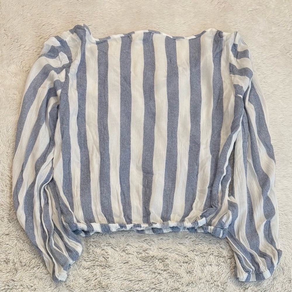 REBELLION Blouse Womens Size M Blue White Striped Long Sleeve Cross Over V-Neck - Picture 2 of 5